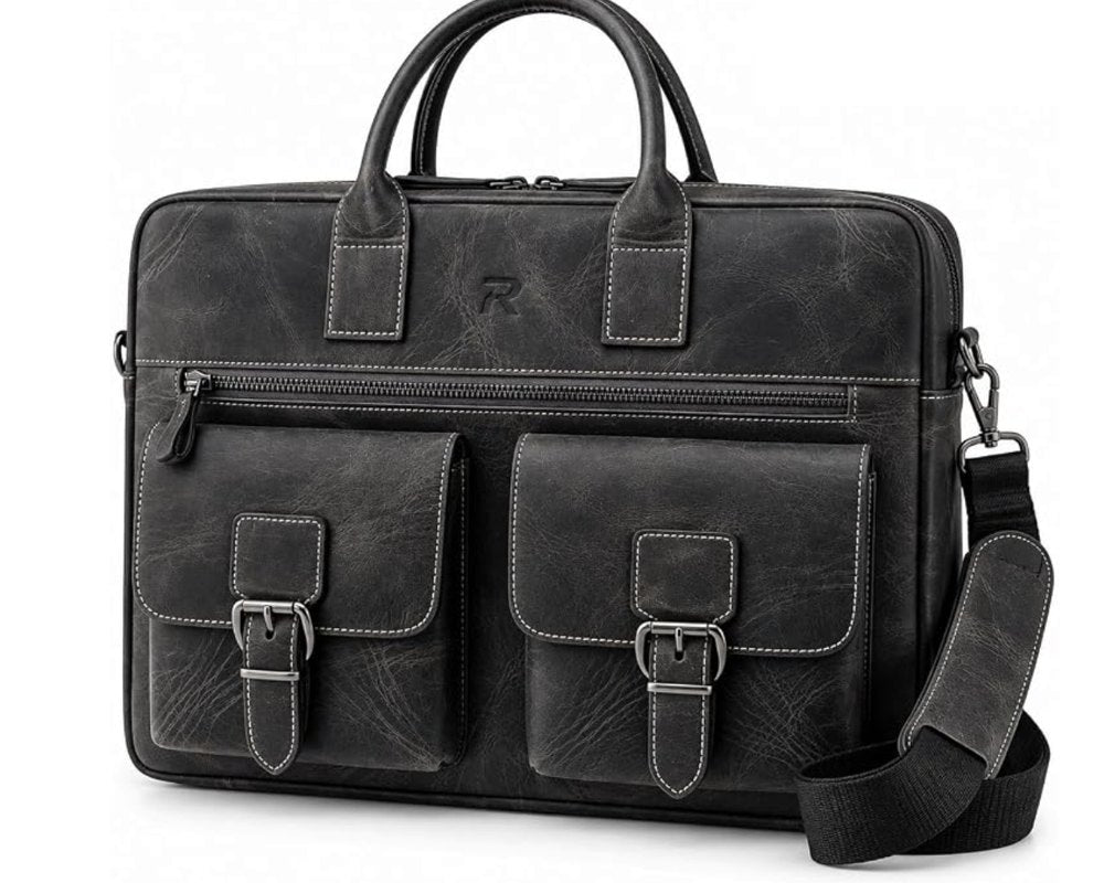 RAVEO Heritage Leather Briefcase in Vintage Black